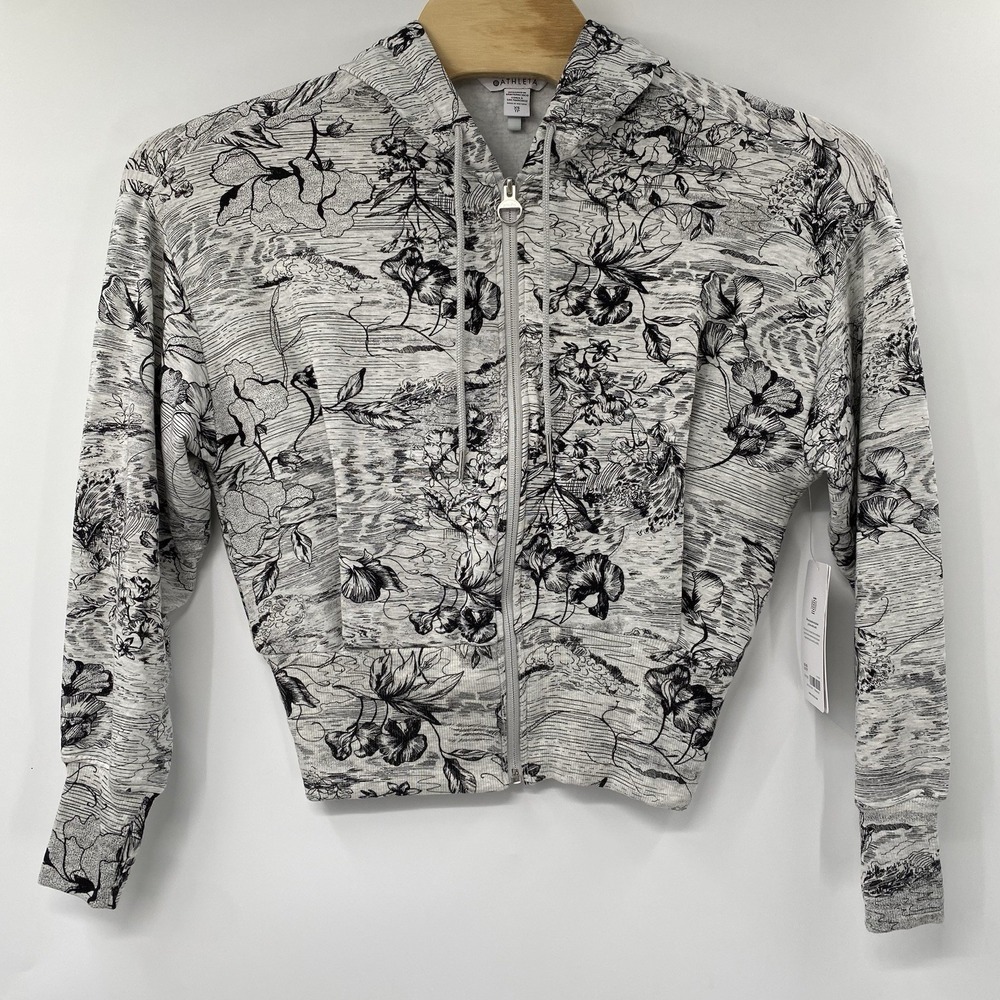 Athleta Balance Sweatshirt Womens XS Gray Floral Full Zip Cropped Hoodie 860112